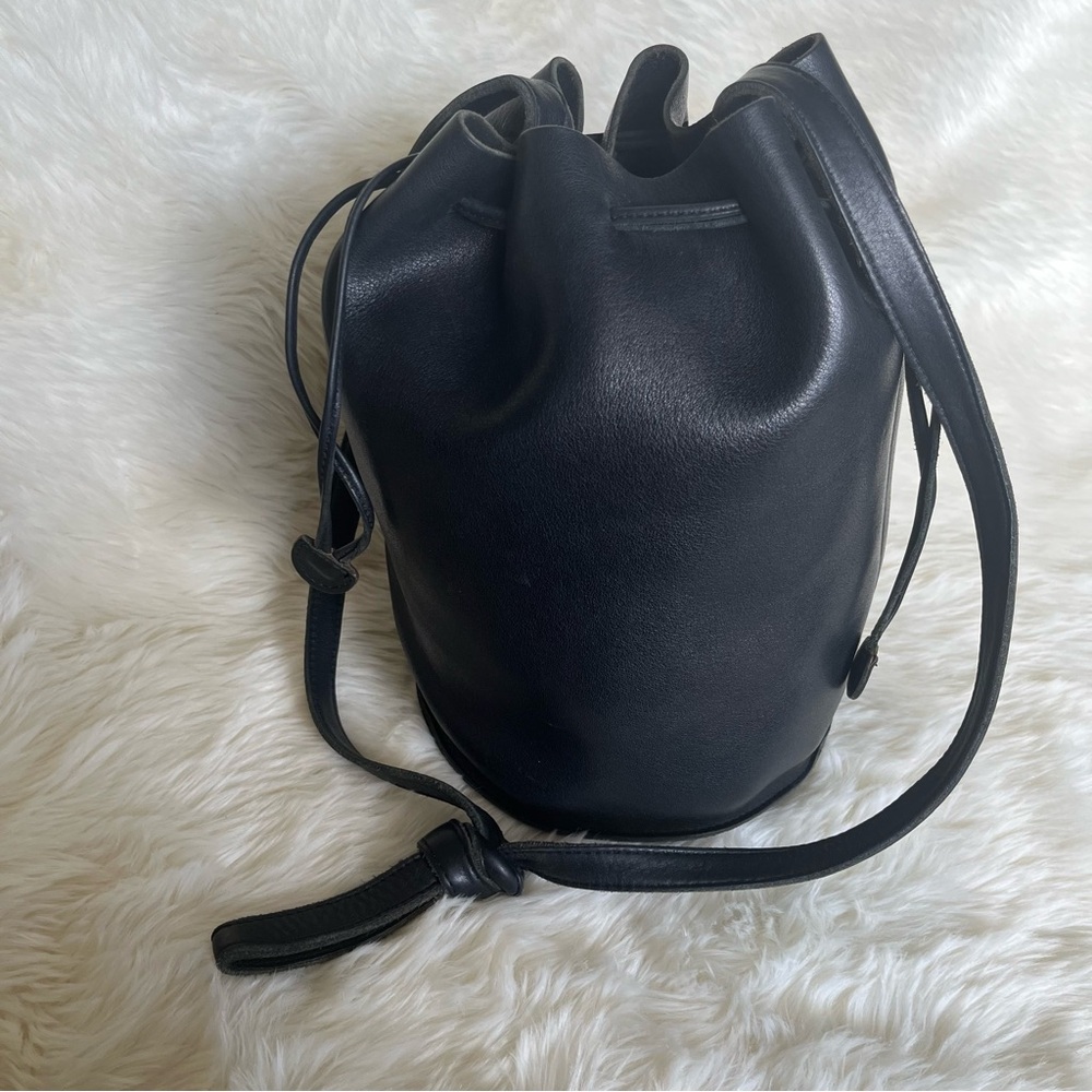 BAGGU Natural Milled Black Leather Bucket Bag with Drawstring